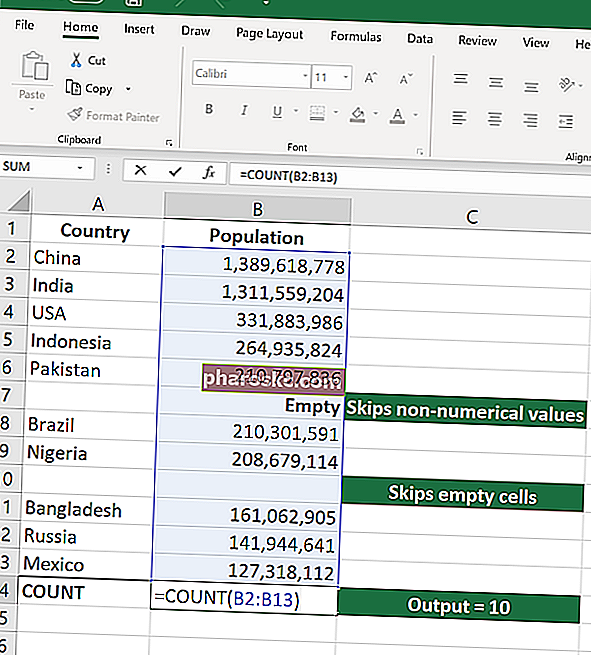 נוסחאות בסיסיות של Excel לפונקציה של ספירת מתחילים