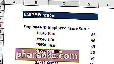 Primjer funkcije Excel LARGE