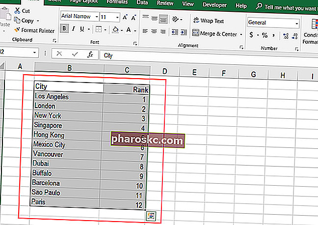 الترتيب الأبجدي في Excel - فرز الخطوة 1