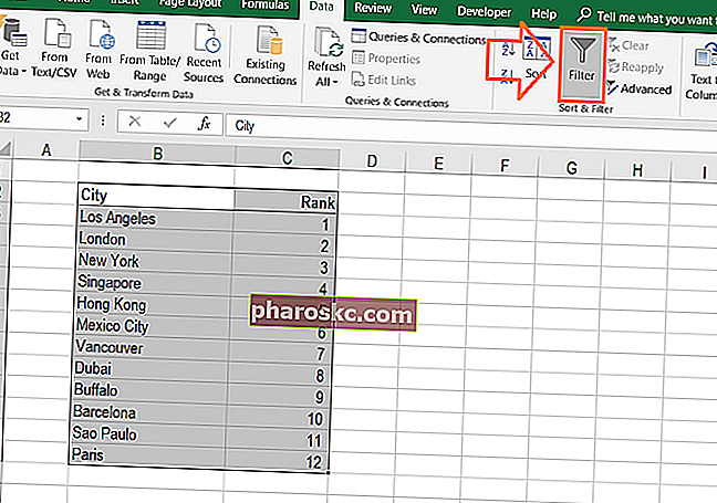 الترتيب الأبجدي في Excel - تصفية الخطوة 2 أ