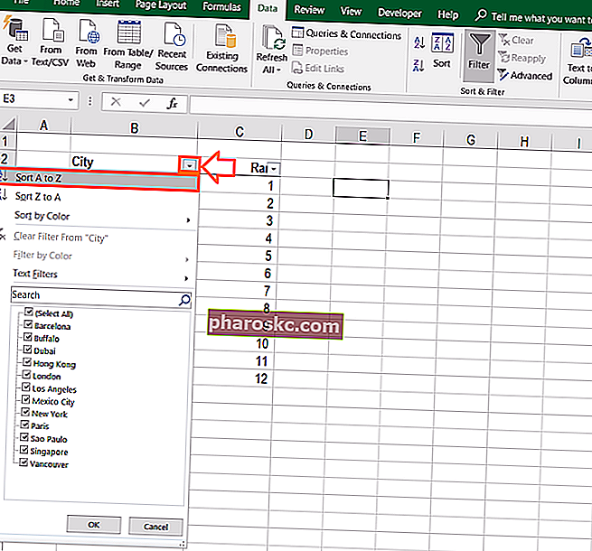 الترتيب الأبجدي في Excel - تصفية الخطوة 2 ب